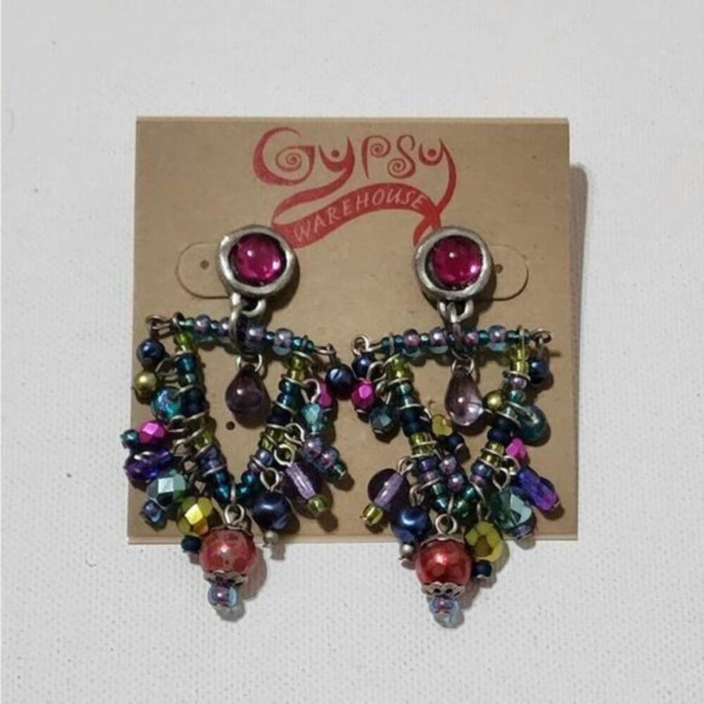 Treska Gypsy Multicolored Beaded Chandelier Drop Post Earrings Boho Pink Teal